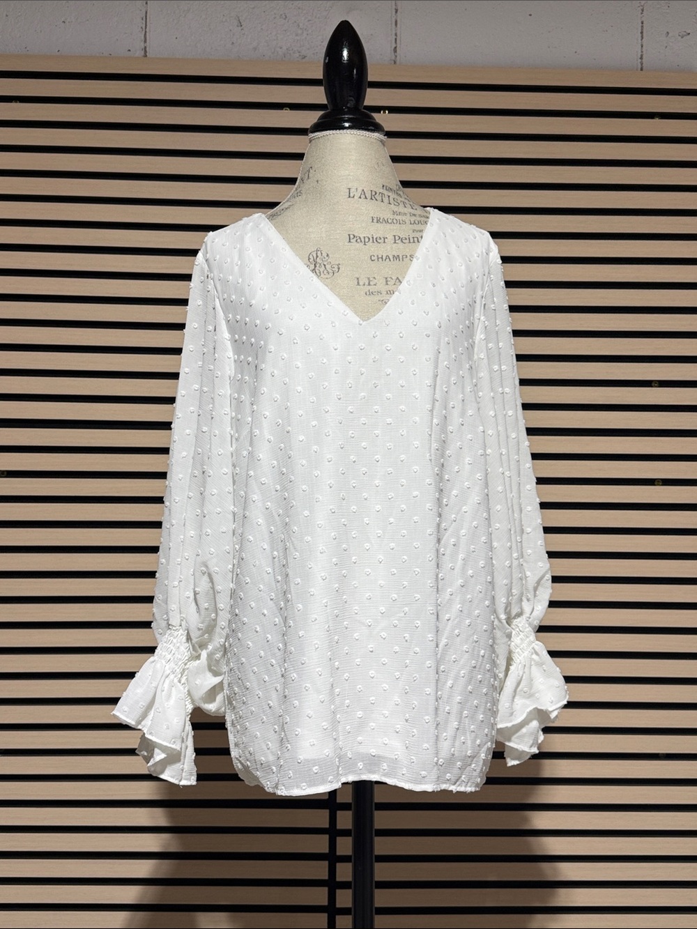 Vince Camuto White V-Neck Swiss Dot Blouse with Tie Sleeve Cuffs